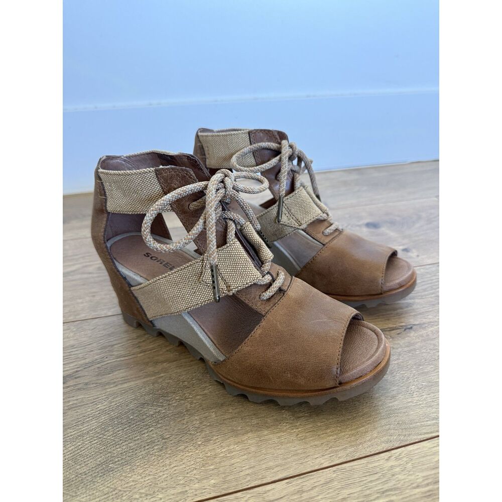 SOREL 9.5 Joanie II Open Toe Wedge Boot Tan Lace Up Bootie Womens Canvas Leather